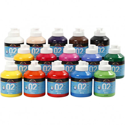 Akrylmaling til Børn Mat, ass. farver, mat, 15x500 ml/ 1 ks.