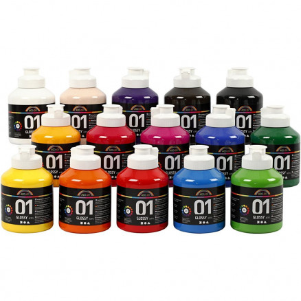 A-Color akrylmaling, ass. farver, 01 - blank, 15x500ml thumbnail