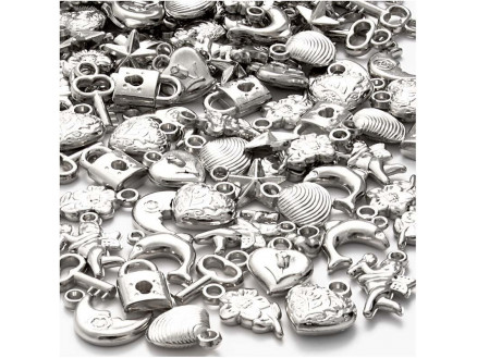 Sølvcharms, str. 15-20 mm, hulstr. 3 mm, 80g, ca. 178 stk. thumbnail