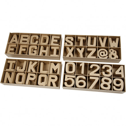 Bogstaver, tal og symboler af pap, H: 10 cm, tykkelse 1,7 cm, 160 stk.