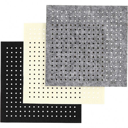Filt med huller, sort, grå, råhvid, str. 20x20 cm, tykkelse 3 mm, 3x4