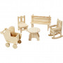 Minimøbler, stol, bænk, gyngestol, bord, barnevogn, H: 5,8-10,5 cm, 50 stk./ 1 pk.